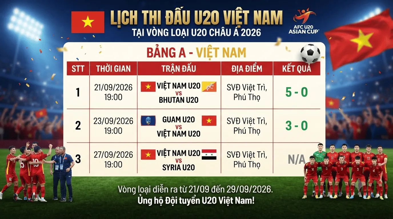 Lịch thi đấu U20 Việt Nam tại vòng loại U20 châu Á